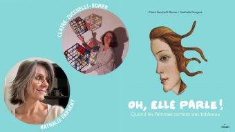 Couverture de "Oh, elle parle !" et portraits des autrices Claire Zucchelli-Romer et Nathalie Dargent