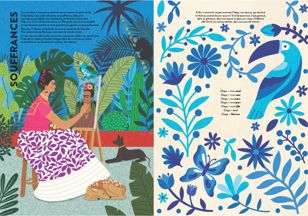 Double page extraite de "Frida Kahlo & Diego Rivera. Passion et création" évoquant l'accident de Frida Kahlo et son amour pour Diego Rivera comme sources d'inspiration