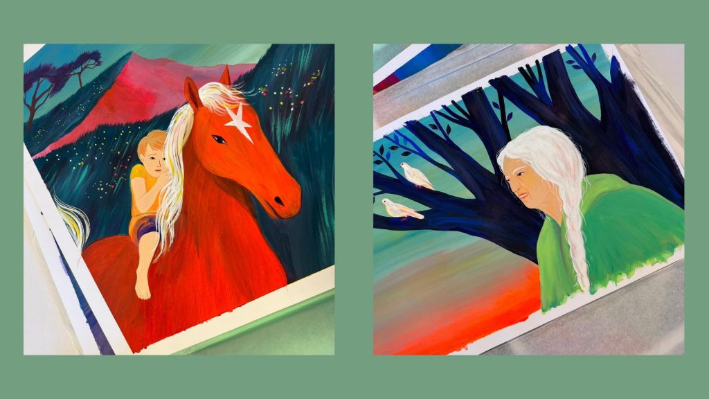 Deux gouaches montrant le cheval de Tali et sa grand-mère, qui lui apportent aide, soutien et réconfort